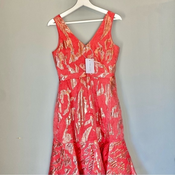 Marchesa Notte Strapless Ruffle-Hem V-Neck Coral Cocktail Dress NWT - Picture 4 of 11